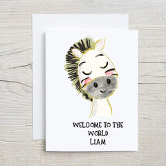 Personalised Welcome to the World New Baby Card Zebra design