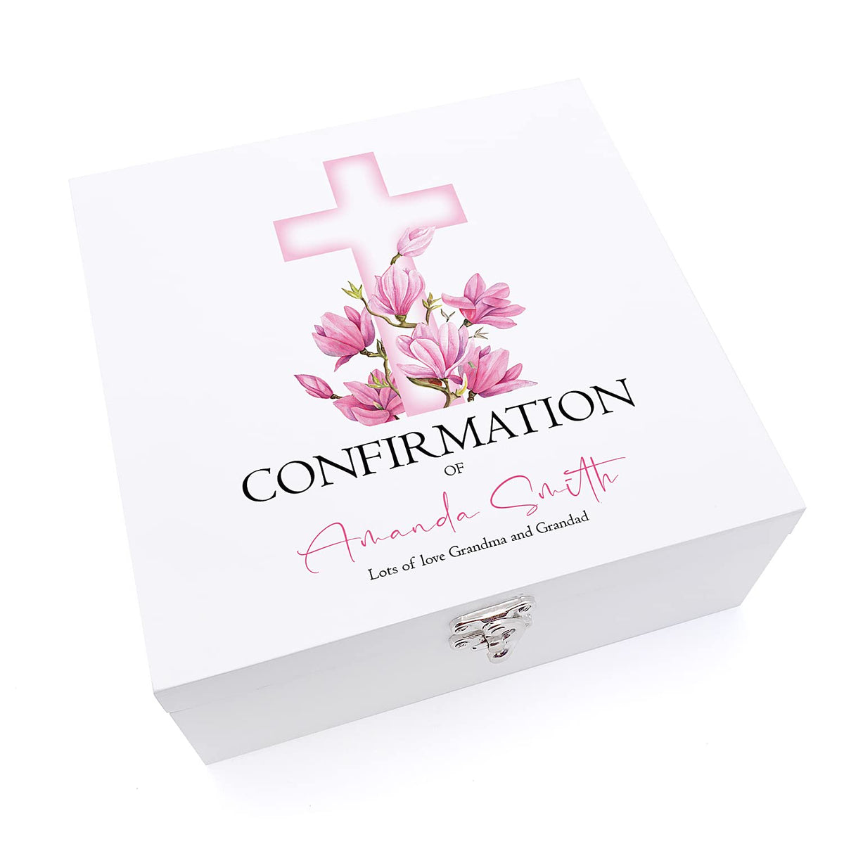 ukgiftstoreonline Personalised Confirmation Day Wooden Keepsake Memory Box With Pink Cross
