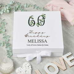 Personalised 60th Birthday Green Leaf Design Keepsake Memory Gift Box.