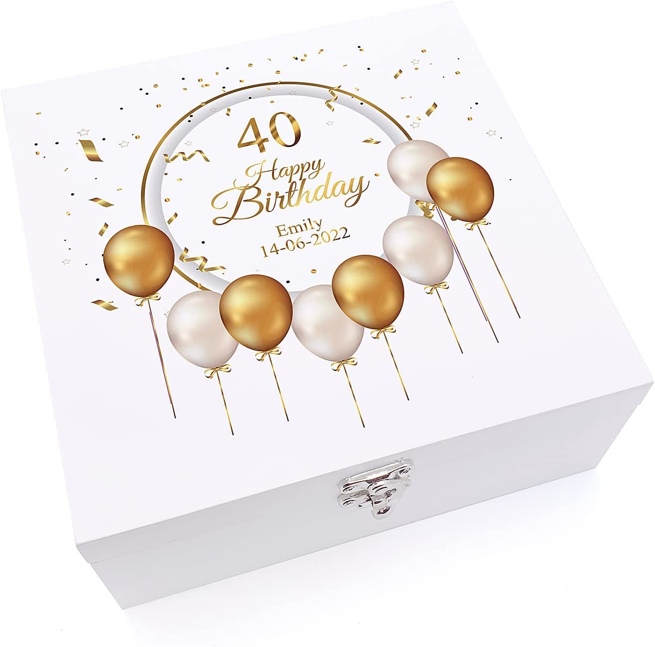 ukgiftstoreonline Personalised 40th Birthday Keepsake Large Wooden Box Gift With Golden Balloons