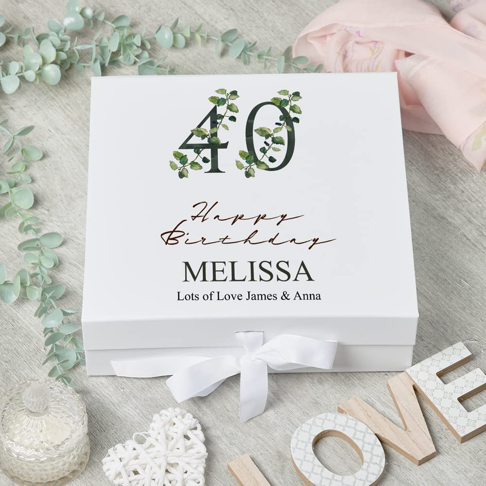 Personalised 40th Birthday Green Leaf Design Keepsake Memory Gift Box.