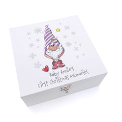 Personalised Baby Girl First Christmas Wooden Keepsake Box With Gnome