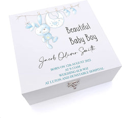 ukgiftstoreonline Personalised Beautiful Baby Boy Keepsake Large Wooden Box Gift With Cute Rabbit