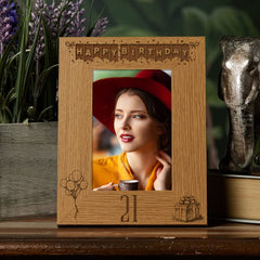 Happy 21st Birthday Engraved Photo Frame Gift Stars and Balloons Portrait