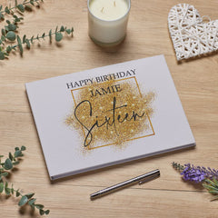 Personalised A4 Linen 16th Birthday Guest Book Printed With Gold Sparkles Design