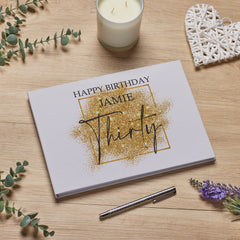 Personalised A4 Linen 30th Birthday Guest Book Printed With Gold Sparkles Design