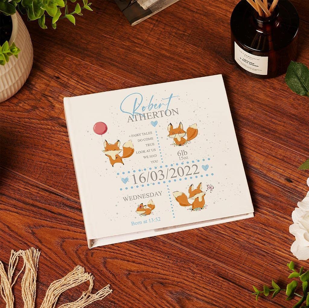 Personalised Baby boy Photo Album With Foxes and Birth Details