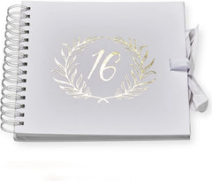 16th Birthday White Scrapbook Photo album With Gold Script Laurel Wreath