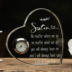 Engraved Personalised Sister Crystal Glass Clock With Sentiment