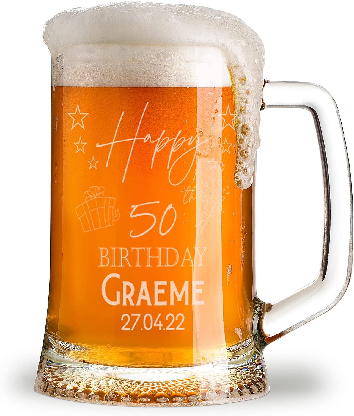 Personalised 50th Birthday Pint Beer Tankard Glass with Stars
