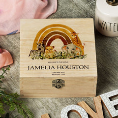 Personalised New Baby Keepsake Wooden Box With Safari Theme