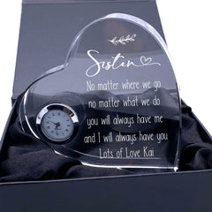 Engraved Personalised Sister Crystal Glass Clock With Sentiment