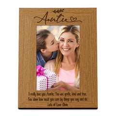Wooden Auntie Photo Frame Gift Portrait With Sentiment and Leaf Design