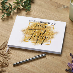 Personalised 50th Birthday Gift Guest Book Gold Sparkles Design