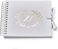 21st Birthday White Scrapbook Photo album With Gold Script Laurel Wreath