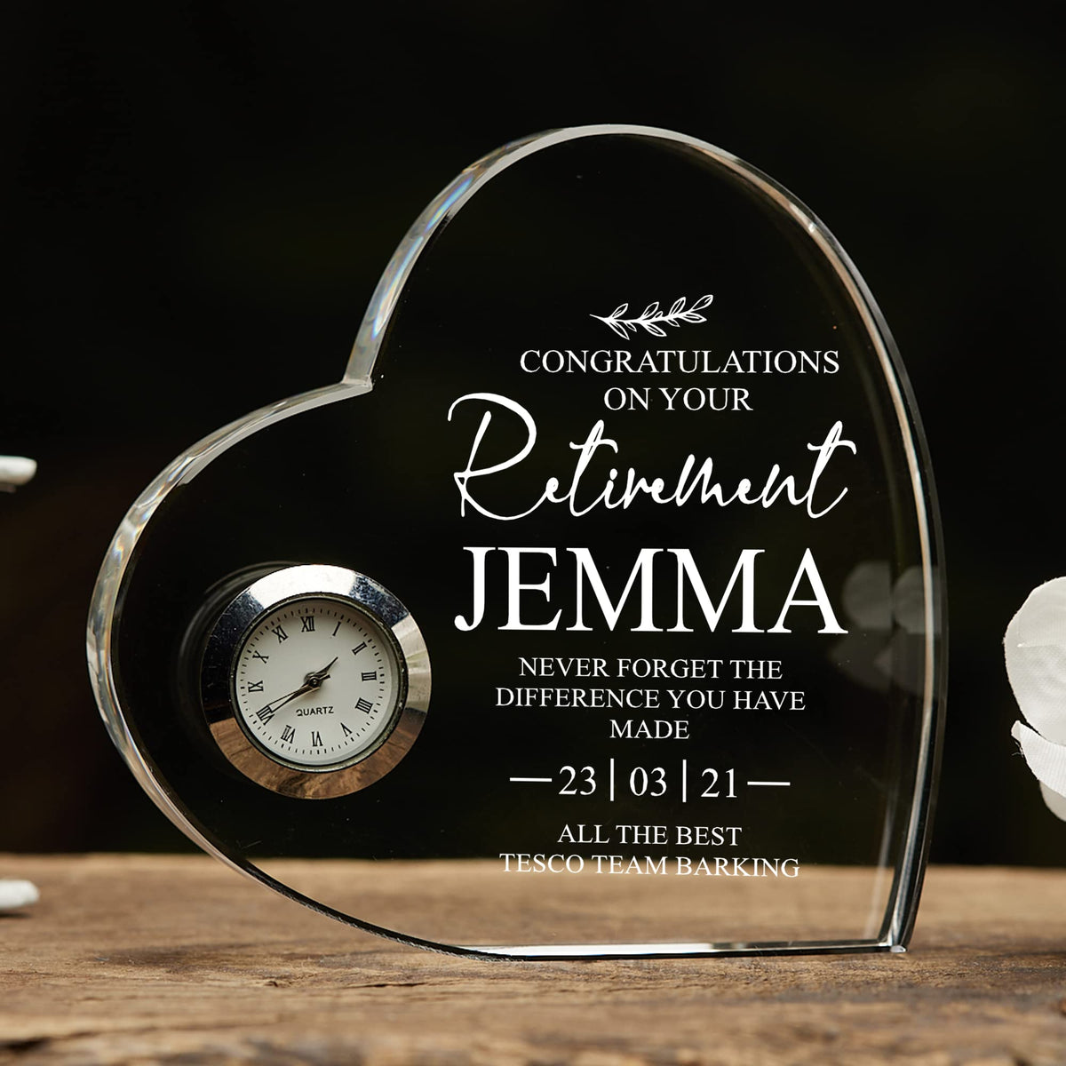 Engraved Personalised Retirement Gift Heart Clock With Sentiment