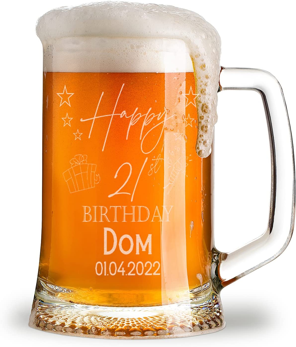 Personalised 21st Birthday Pint Beer Tankard Glass with Stars