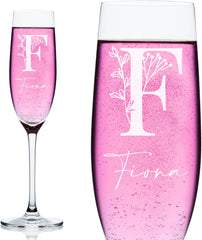 Personalised Floral Alphabet and Name Champagne Flute Prosecco Glass Gift