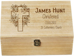Personalised Christening Memory Keepsake Box With Floral Cross