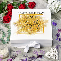 Personalised 80th Birthday Gift Keepsake Memory Box Gold Sparkles Design