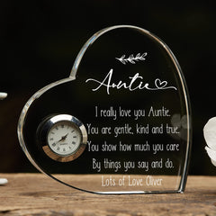 Engraved Personalised Auntie Crystal Glass Clock With Sentiment