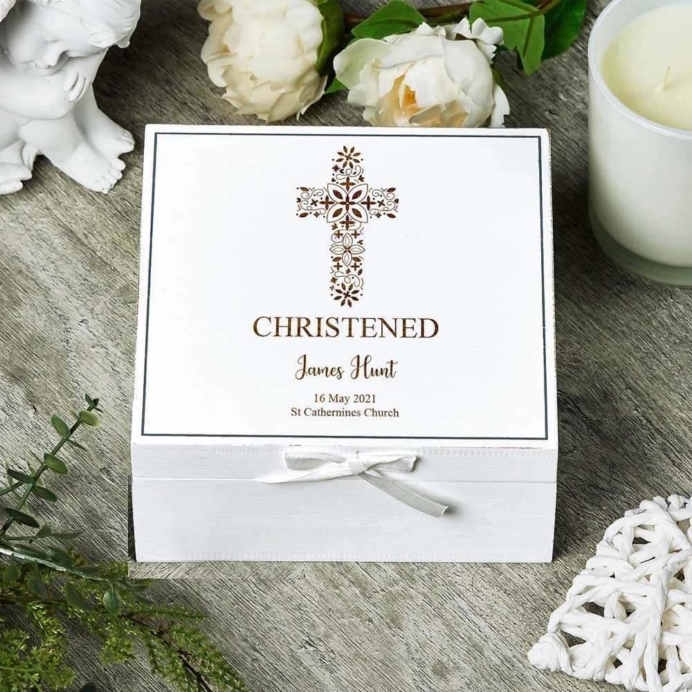 ukgiftstoreonline Personalised Christening White Keepsake Box With Floral Cross Design