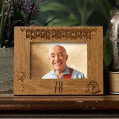 Happy 70th Birthday Engraved Photo Frame Gift Stars and Balloons Landscape