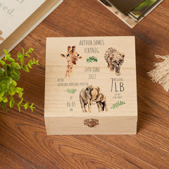 Personalised Safari Animal New Baby Wooden Box Gift