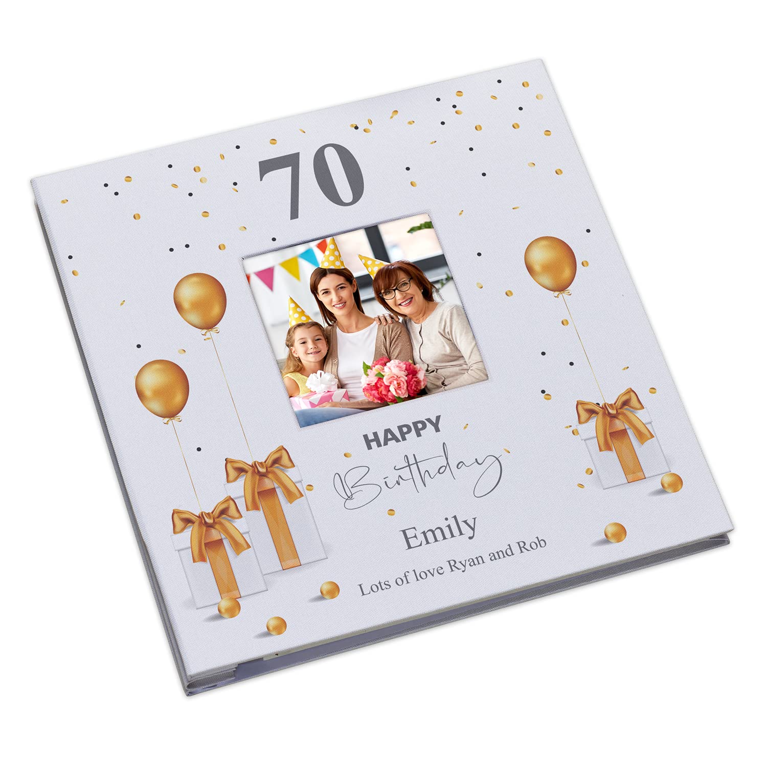 Personalised 70th Birthday Photo Album Linen Cover With Gold Balloons