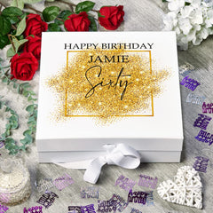 Personalised 60th Birthday Gift Keepsake Memory Box Gold Sparkles Design