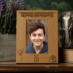 Happy 16th Birthday Engraved Photo Frame Gift Stars and Balloons Portrait