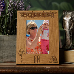 Happy 60th Birthday Engraved Photo Frame Gift Stars and Balloons Portrait