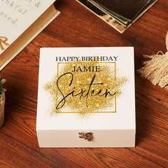 ukgiftstoreonline Personalised Large 16th Birthday Gift Keepsake Wooden Box With Gold Sparkles