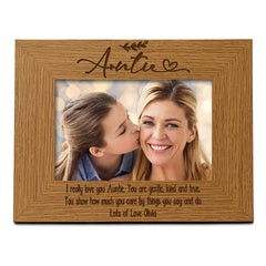 Wooden Auntie Photo Frame Gift Landscape With Sentiment and Leaf Design