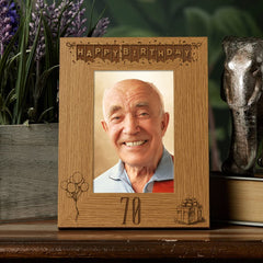 Happy 70th Birthday Engraved Photo Frame Gift Stars and Balloons Portrait