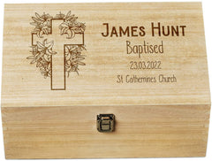 Personalised Baptism Memory Keepsake Box With Floral Cross