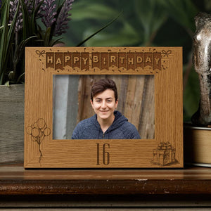 Happy 16th Birthday Engraved Photo Frame Gift Stars and Balloons Landscape
