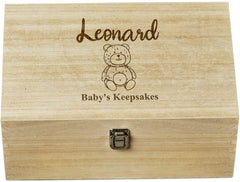 Personalised Large Wooden Baby Memory Keepsake Box Teddy Design