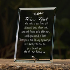 Flower Girl Sentiment Personalised Glass Plaque Gift Leaf Design
