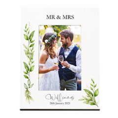 Personalised White Wedding Photo Picture Frame With Green Leaf Design