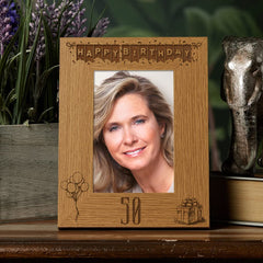 Happy 50th Birthday Engraved Photo Frame Gift Stars and Balloons Portrait