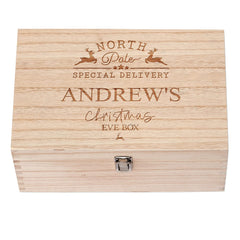 Personalised Large Wooden Christmas Eve Box With North Pole Reindeers