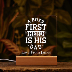 Personalised A Boys First Hero is His Dad LED Lamp Gift from Son
