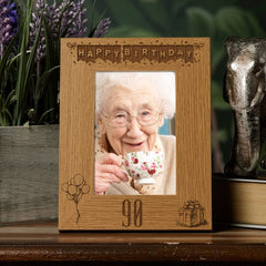 Happy 90th Birthday Engraved Photo Frame Gift Stars and Balloons Portrait