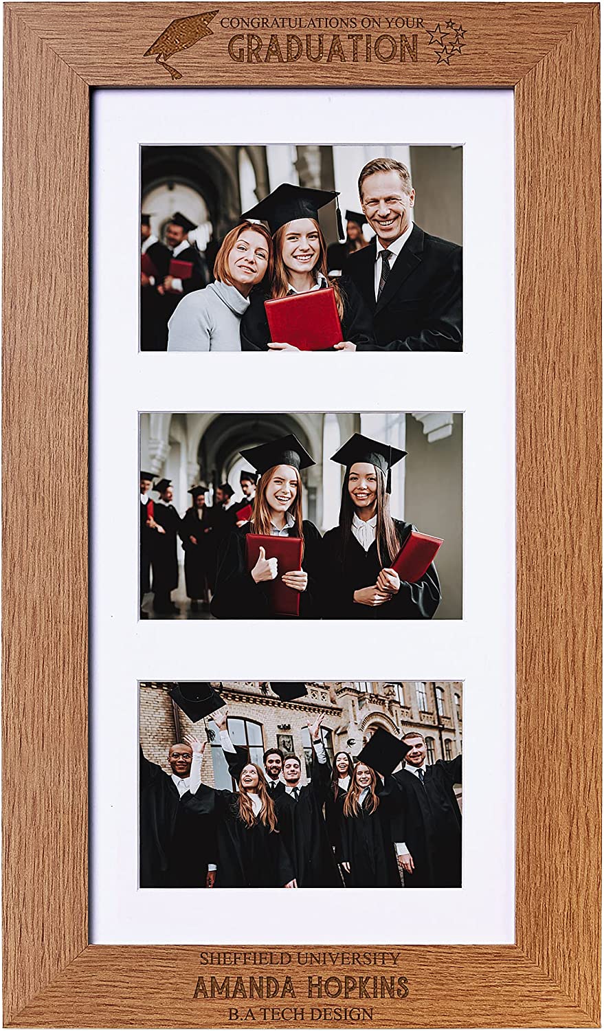 Personalised Graduation Stars Keepsake Wooden Triple Photo Frame Engraved