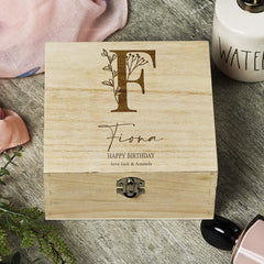 ukgiftstoreonline Personalised Wooden Keepsake Memory Box Engraved With Floral Alphabet
