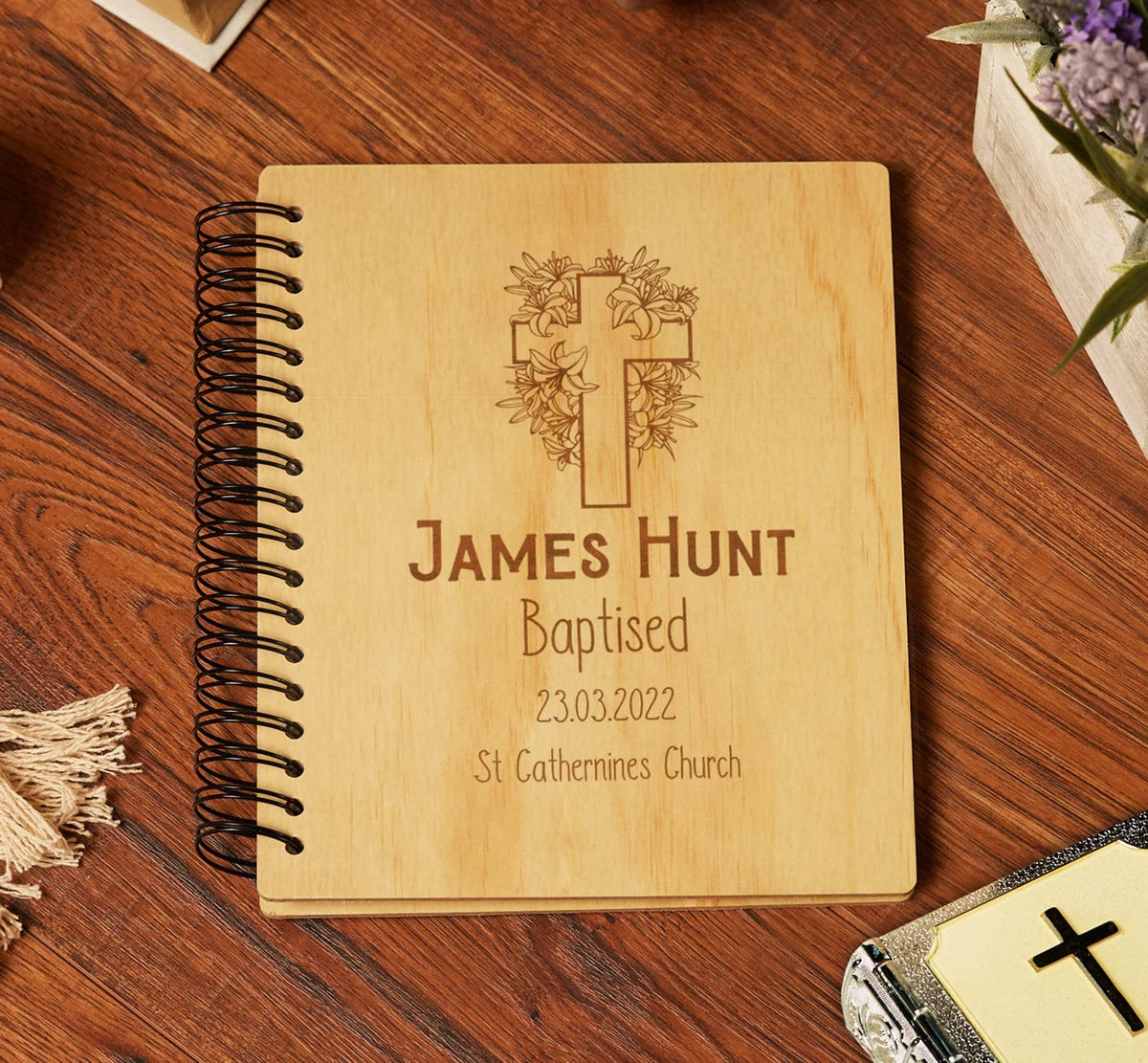 Personalised Baptism Photo Album Floral Cross Engraved