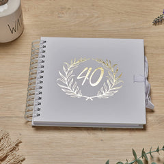 40th Birthday White Scrapbook Photo album With Gold Script Laurel Wreath