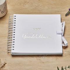 Precious Grandchildren White Scrapbook Photo album With Gold Script Leaf Design