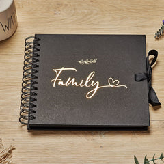 Family Black Scrapbook Photo album With Gold Script Leaf Design